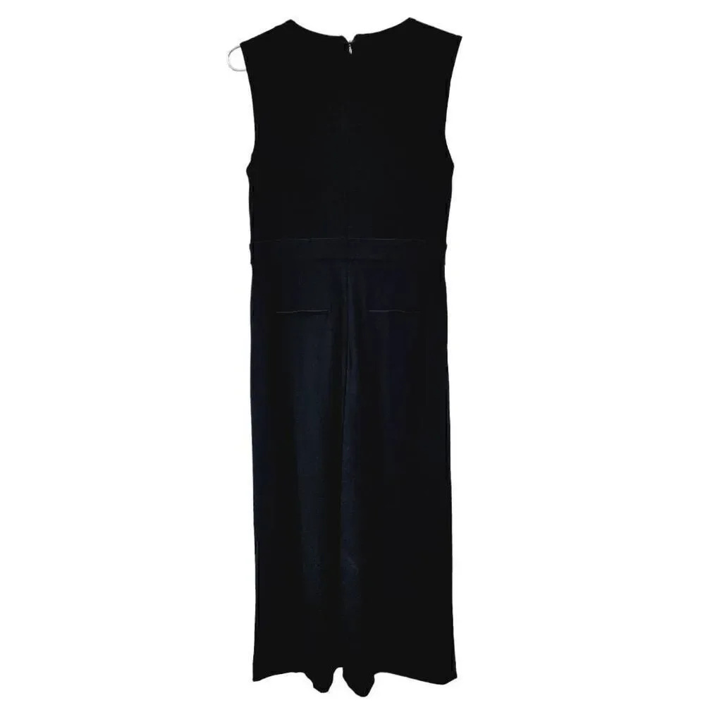 Nine West Womens Jumpsuit Black Surplice Neck Sleeveless Long Wide Leg Pleats 4